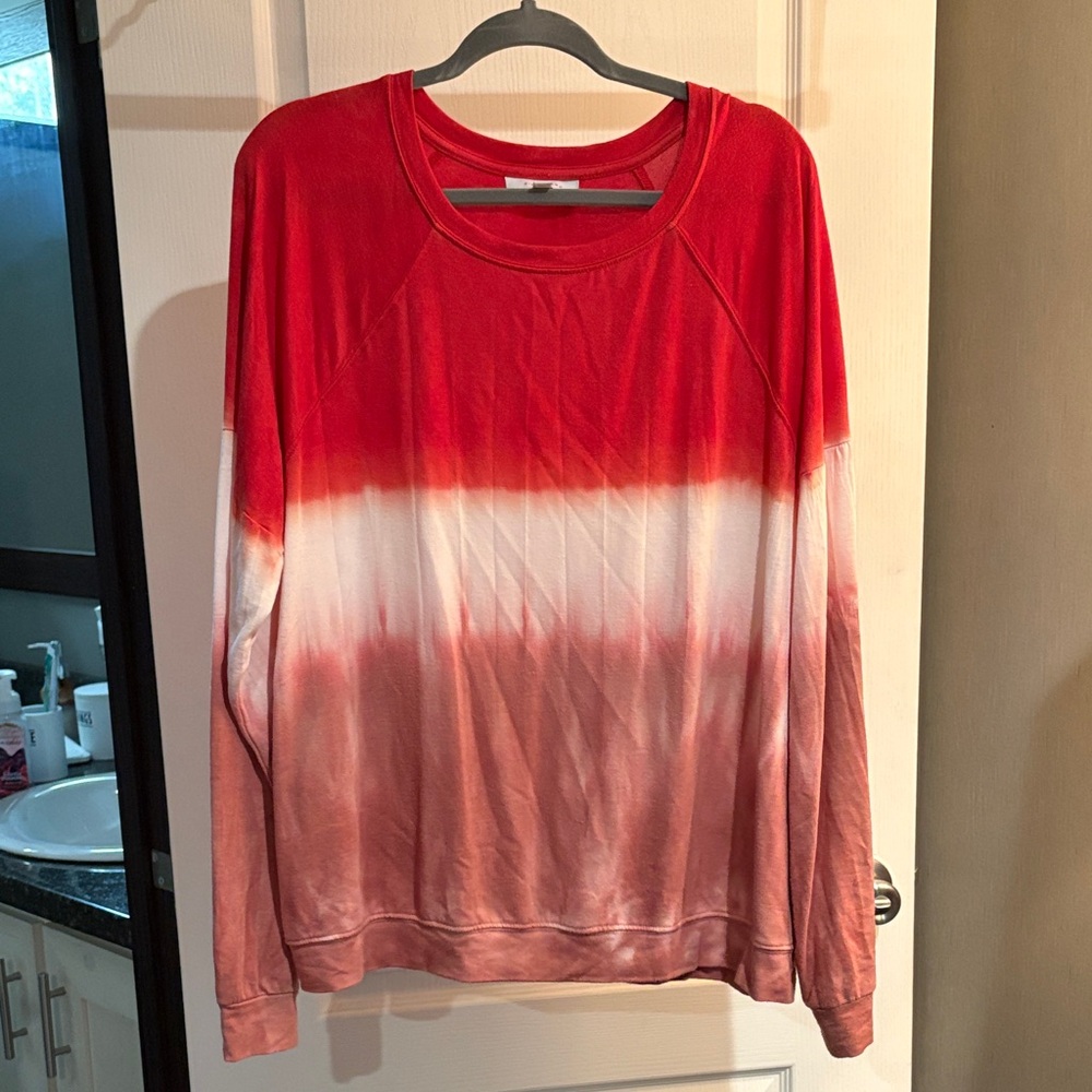 New Directions Red and White Ombre Long Sleeve Top